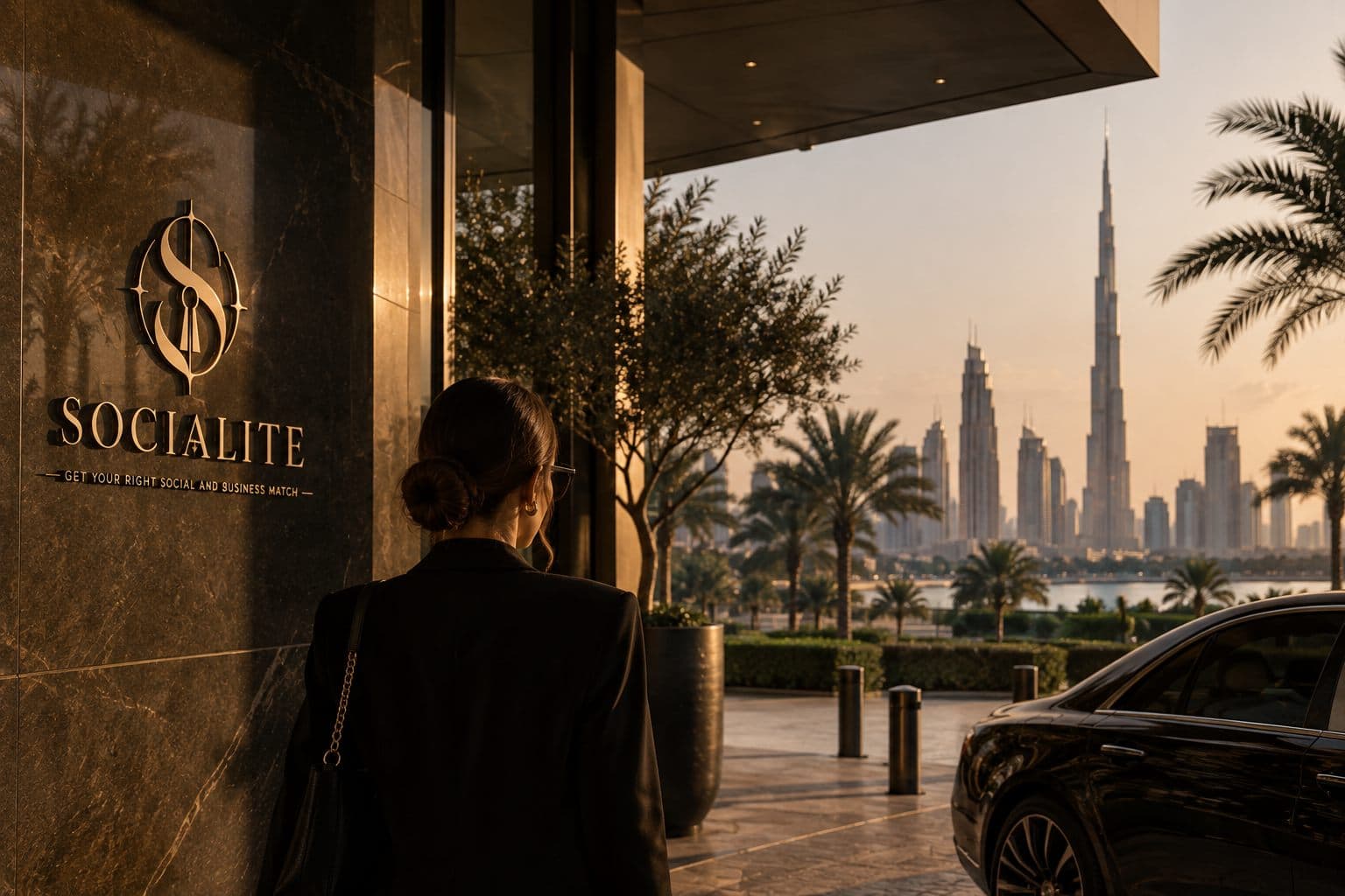 A member arriving at the Socialite entrance, the Dubai skyline beyond