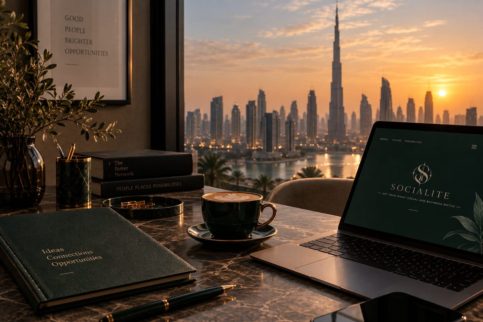 A member's desk at sunrise, the Burj Khalifa framed in the window