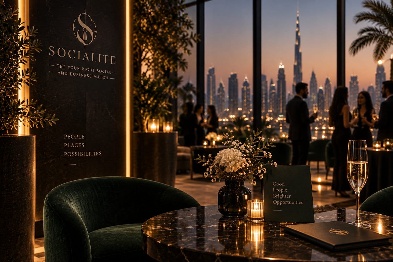 Members at an evening reception above the Dubai skyline